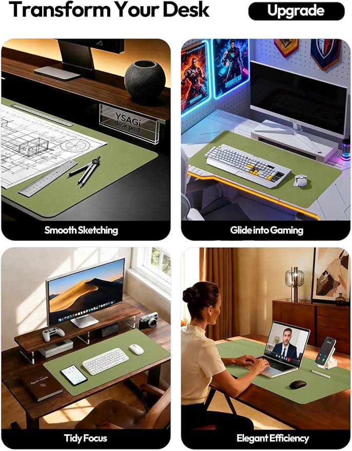 YSAGi Leather Desk Protector, Office Mat, Large Mouse Mat, Non-Slip PU Leather Blotter, Laptop Desk Pad, Waterproof Writing Pad for Office and Home (Green, 23.6" x 13.8")