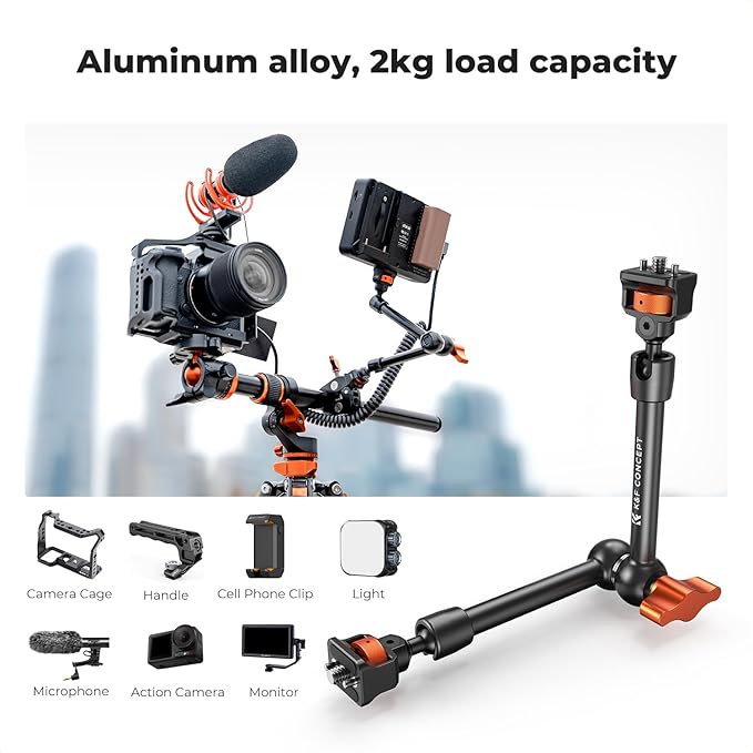K&F CONCEPT 11" Magic Arm Clamp with Super Clamp ARRI 1/4" & 3/8" Thread Screw, 360° Ball Heads Arm with Clamp Mount for Monitor, LED Light, Webcam, Action Camera