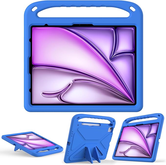 Cute Kids Case for iPad Air 13" M4 M3 M2 2026 2025 2024/ Pro 13 Inch M5 M4 Cover 2025 2024, iPad Pro 12.9 Case 2022/2021/2020/20218, Soft EVA Handle Cover with Shoulder Strap Stand, Blue