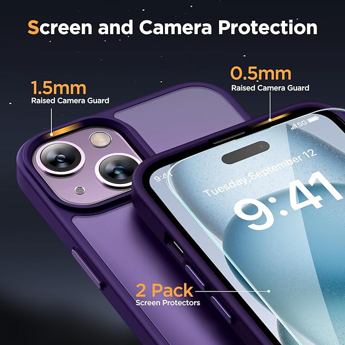 Miracase Magnetic for iPhone 15 Plus Case 6.7 inch (Compatible with MagSafe)（with 2X Screen Protectors） Military-Grade Protection, Anti-Fingerprint Translucent Matte Phone Cover, Dark Purple