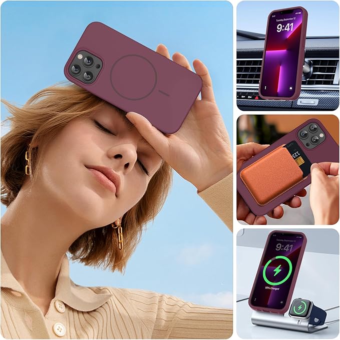 Miracase Magnetic for iPhone 13 Pro Max Case, [Soft Anti-Scratch Microfiber Lining], Magnetic for MagSafe, Liquid Silicone Shockproof Drop Protection Phone Case for 13 Pro Max, Wine Red