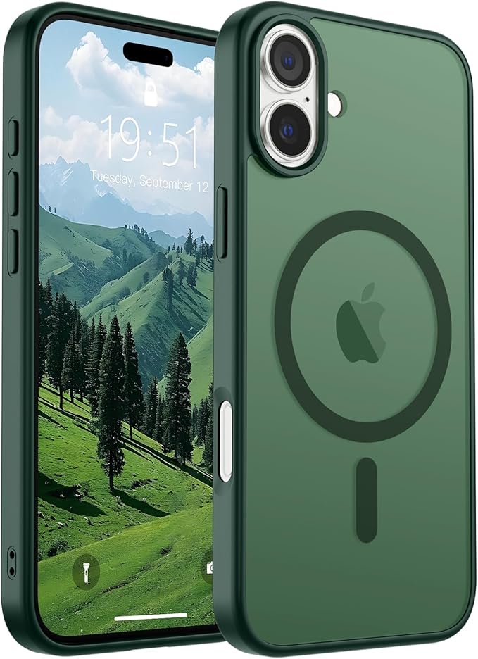 SUPFINE Magnetic for iPhone 16 Plus Case (Compatible with MagSafe) (Military Grade Drop Protection) Slim Translucent Matte Shockproof with Anti-Fingerprint Phone Case,Forest Green