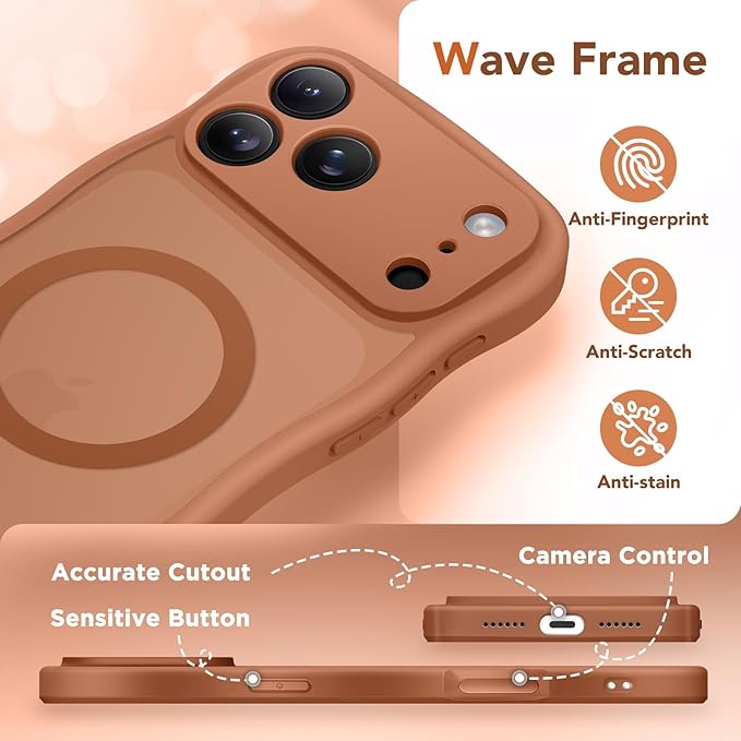 CAPRARO Magnetic for iPhone 17 Pro Case for Women Girls, Upgraded [Full Camera Protection] [Compatible with MagSafe] Cute Wave Translucent Matte Phone Case for iPhone 17 Pro, Dark Orange