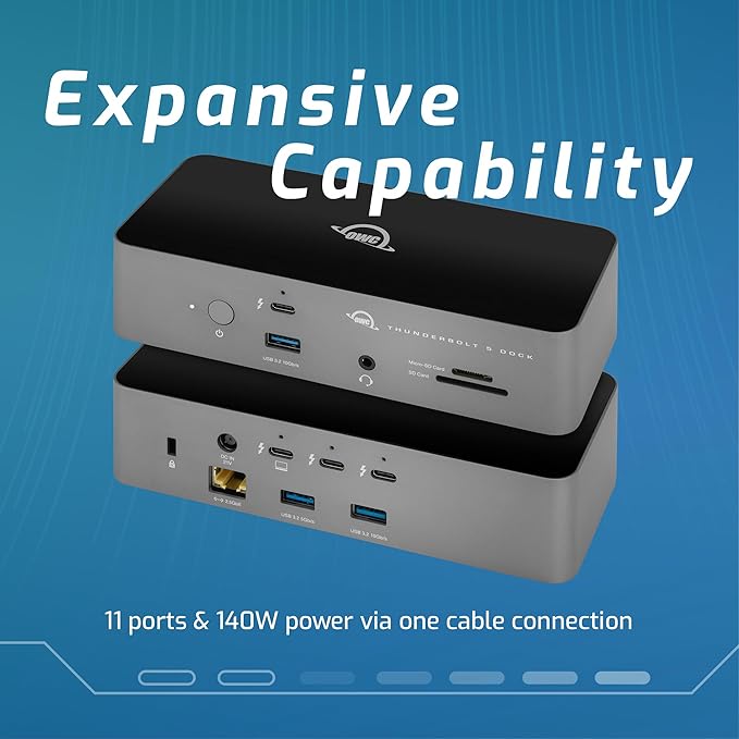 OWC 11-Port Thunderbolt 5 Docking Station, 2.5GbE, SD/Micro-SD Card Reader, Audio in/Out Jack, USB 3.2 Type-A Ports, 140W Power Delivery