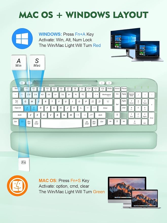 Ergonomic Wireless Keyboard with Cushioned Wrist Rest, Wave Keys, Phone Holder, Comfortable Natural Typing, 2.4GHz Full Size Cordless USB Computer Keyboard for Windows, Mac OS, Laptop, PC (Mint Green)