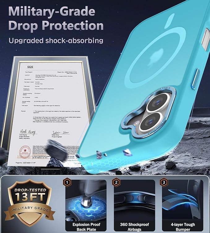 Newfuture Designed for iPhone 16 Case with Magnetic [13 FT Military Drop Protection] [Compatible with Magsafe] Slim Translucent Matte Shockproof with Anti-Fingerprint Phone Case, Lake Blue
