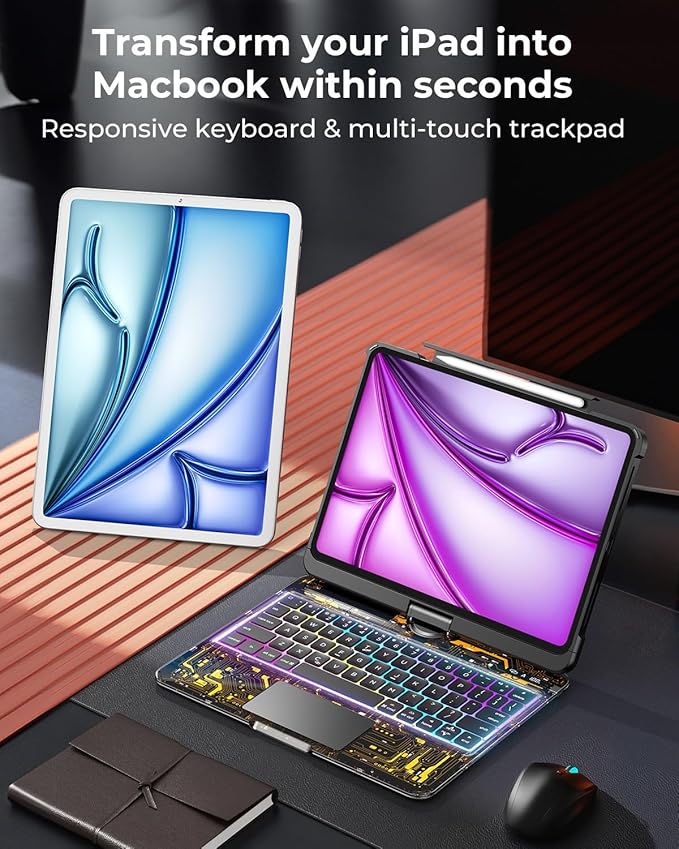 TSQQST Clear Wireless Keyboard Case for iPad Air 13 Inch (M4/M3/M2, 2026/2025/2024)/ iPad Pro 12.9" (6th/5th/4th/3rd Gen), 7-Color Backlit, Pencil Holder & Multi-Touch Trackpad, 360 Rotatable, Black