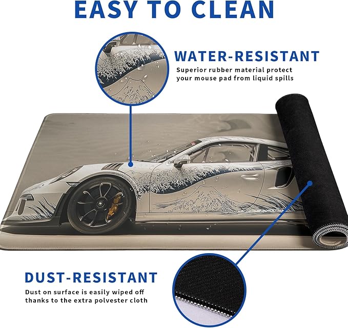 White Ukiyo-e Style Sports Car Mouse Pad Abstract White Mouse Pad 31.5x11.8 Inch Texture Non-Slip Rubber Base Large Mousepad Stitched Edges Keyboard Mouse Mat Desk Pad for Office and Home