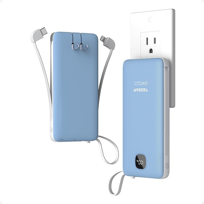 TESSAN Portable Charger with Built in Cables, 10000mAh Power Bank Fast Charging with Foldable AC Plug, PD20W Compact Battery Pack Travel Essentials for iPhone 17/16 Series, Samsung, Tablets, Blue