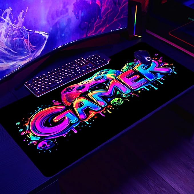 Gamer Gaming Mouse Pad, Blacklight Game Controller Horror Skull Waterproof Large Mouse Mat, 31.5" x 11.8" Skeleton Glowing Extended Non-Slip Rubber Base, Office & Home Keyboard Pad
