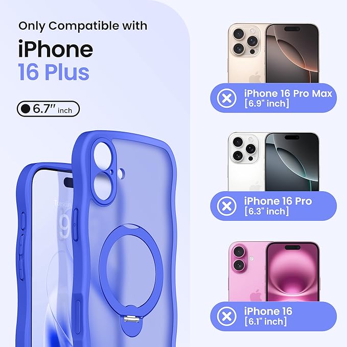 CAPRARO for iPhone 16 Plus Case with 360° Spin Magnetic Stand for Women, [Compatible with MagSafe] [Full Camera Protection] Cute Wave Translucent Matte Case for iPhone 16 Plus, Ultramarine