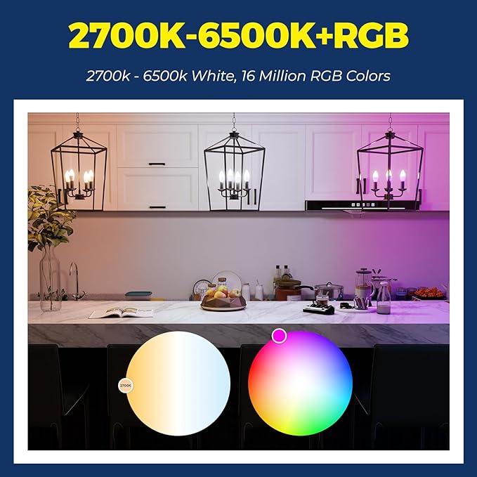 Lightinginside E12 Smart Light Bulbs 60W Equiv., Work with Alexa/Google Home/SmartLife, 500LM 6W RGBCW Candle Candelabra LED Light Bulbs, No Hub Required, 2.4G WiFi Bluetooth Bulb, ETL Listed, 6PCS