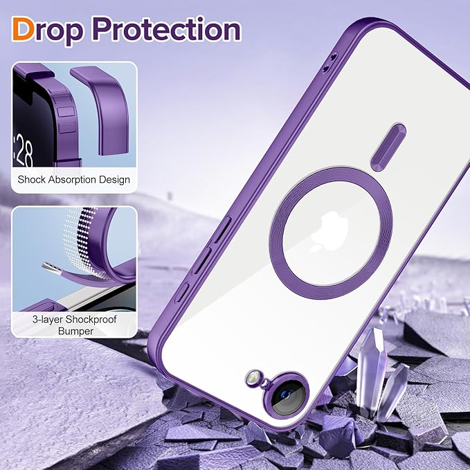Hython Magnetic Clear for iPhone 17e Case with Camera Lens Protector [Compatible with MagSafe] Luxury Plating Edge Slim Soft TPU Cover Protective Phone Case for iPhone 17e 6.1", Matte Purple