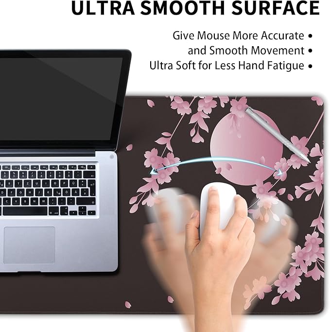 Sakura Cherry Blossom Extended Gaming Mouse Pad Non-Slip Rubber Base Pink Large Mousepad 31.5x11.8in with Stitched Edge Waterproof Flower Keyboard Pads Black Desk Laptop Mats for Work/Game/Office