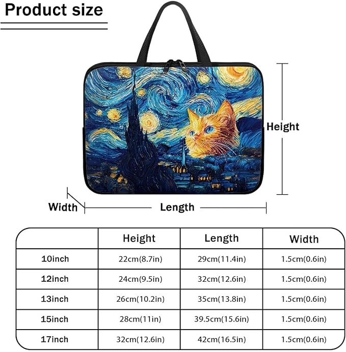 12 Inch Starry Night Cat Laptop Sleeve Tablet Protector Case with Handle, Men Women Zipper Computer Bag Carrying Case Notebook Cover Messenger Briefcase for Travel/Office/Work
