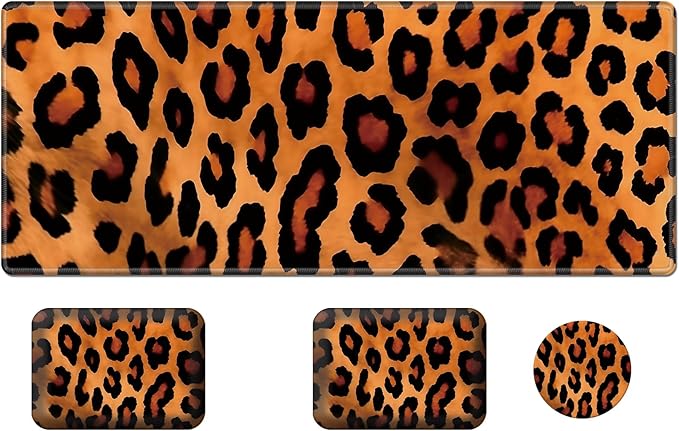 Wrist Elbow Support Arm Rest Desk Mouse Pad Set,Large Mouse Pad + 2 Elbow Rest Pad + Coaster,(31.5×11.8 in) Ergonomic Memory Foam for Office,Gaming,Computer,Laptop-Leopard Print