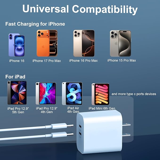 Fast Charger for Phone 17 16 15 Pro Max Charger, 20W Dual Port USB C Fast Charger Block with 10FT Long USB C to C Charging Cable Cord for Phone 17 16 15 Pro Max/17 16 15 Pro/15/15 Plus,Pad Pro
