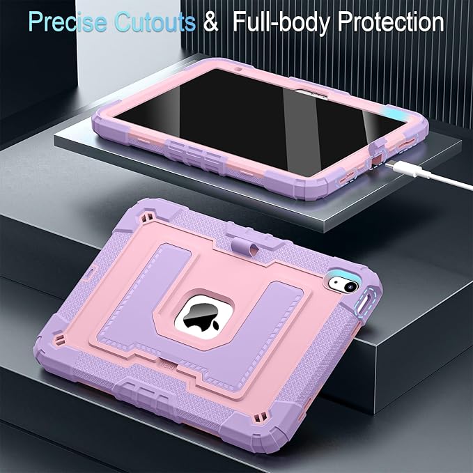 for iPad (A16) 11th/10th Generation 2025/2022 iPad Case 10th Generation with Shoulder Strap/Pencil Holder,Heavy Duty Shockproof Cover for i Pad 11th/10th Gen,Purple Rosegold