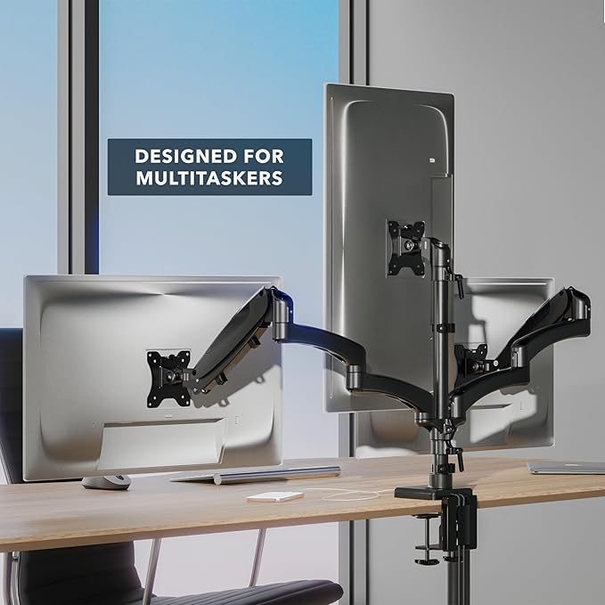 Mount-It! Triple Monitor Mount, 3 Monitor Desk Mount with Gas Spring Arms, Fits 13–32 Inch Screens up to 17.6 lbs per Arm, VESA 75 & 100, Clamp or Grommet Base, USB-A & C Ports, Black