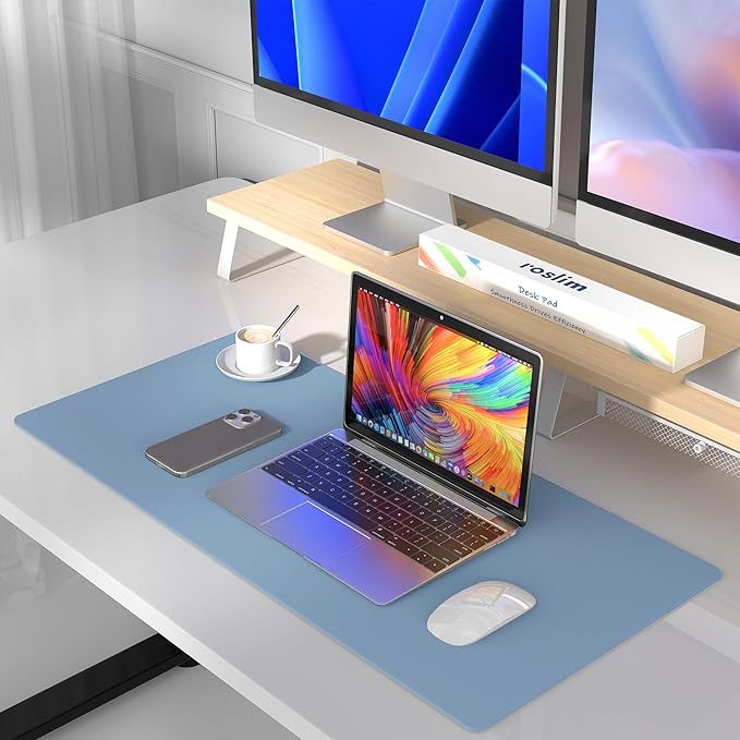 Leather Desk Pad Protector, Mouse Pad, Non-Slip Computer Mat for Desk, PU Leather Desk Mat for Home & Office, Waterproof Laptop Desk Blotter Pad for Keyboard and Mouse, Denim Blue (15.7''X31.5'')