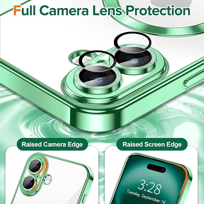Hython Magnetic Clear for iPhone 16 Case with Camera Lens Protector [Compatible with MagSafe] Luxury Plating Edge Slim Soft TPU Cover Protective Phone Case for iPhone 16 6.1", Light Green
