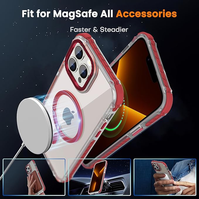DEERLAMN Strong Magnetic Case for iPhone 15 Pro Max 6.7-Inch,[Compatible with Magsafe][Military Grade Drop Protection] Clear Slim Shockproof Protective Phone Cover-Transparent+Red