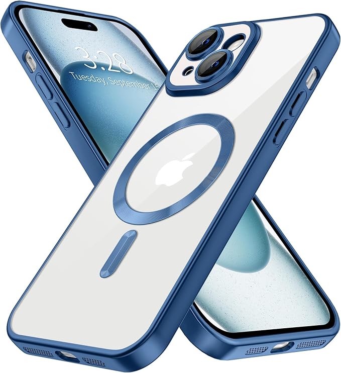 Hython Magnetic Clear for iPhone 15 Plus Case with Camera Lens Protector [Compatible with MagSafe] Luxury Plating Edge Slim Soft TPU Cover Protective Phone Case for iPhone 15 Plus, Matte Deep Blue