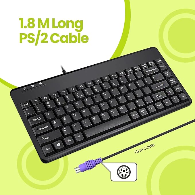 Perixx PERIBOARD-409P Wired PS2 Mini Keyboard, Black, US English Layout