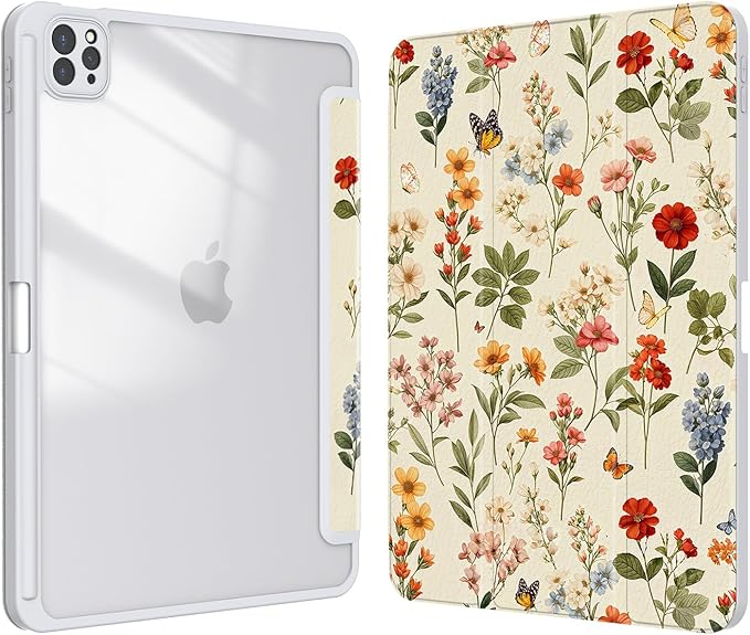 Case for iPad Pro 11 inch 4th/ 3rd/ 2nd / 1st Generation (2022/2021/2020/2018), Case with Pencil Holder, Stand Clear Back Cover Cute Cool Design for Women Girls, Auto Sleep/Wake, Wildflower B