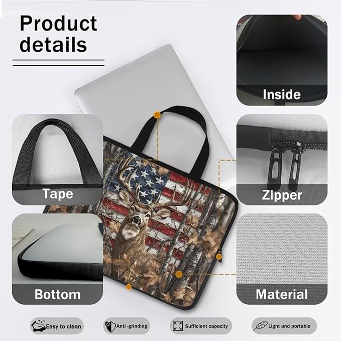 American Flag Deer Forest 12 Inch Laptop Sleeve for Men Women Portable Computer Bag with Handle Tablet Cover Laptop Tote Bag Carrying Case Handbag for Office Travel Business School