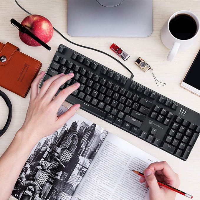 Merdia Brown Switch Black Full Size Mechanical Gaming Keyboard | 104 Keys US Layout Ice Blue Backlit Wired PC Gaming Keyboards | Hot Swappable LED Backlit Wired Mechanical Computer Keyboards