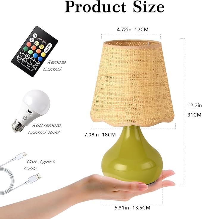 Ziqqeelam Cordless Table Lamp Rechargeable, Green Mini Cute Table Lamp for Nightstand, Battery Operated Small Table Lamp for Small Spaces for Kitchen Counter, Bookshelf, Bedside, Bedroom, Living Room