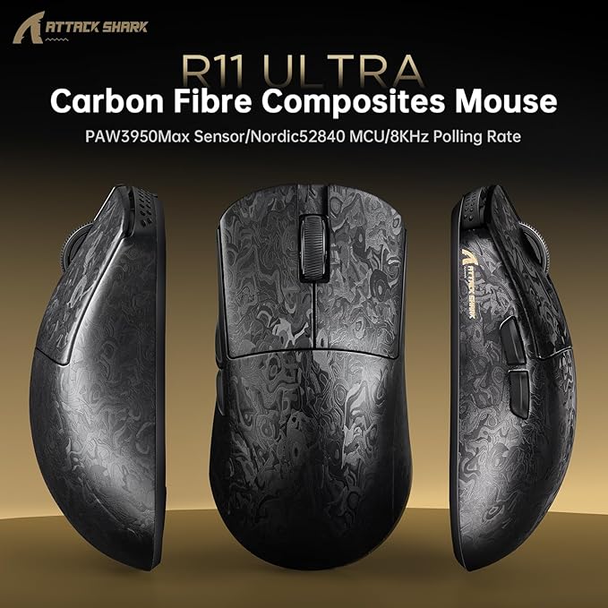ATTACK SHARK R11 Ultra 8K Carbon Fiber Wireless Gaming Mouse with 42000 DPI-PAW3950 MAX Sensor-49g Lightweight,Nordic 52840 MCU Chip,Wired/BT/2.4Ghz Programmable,RGB Coiled Cable for PC Mac(Black Ink)