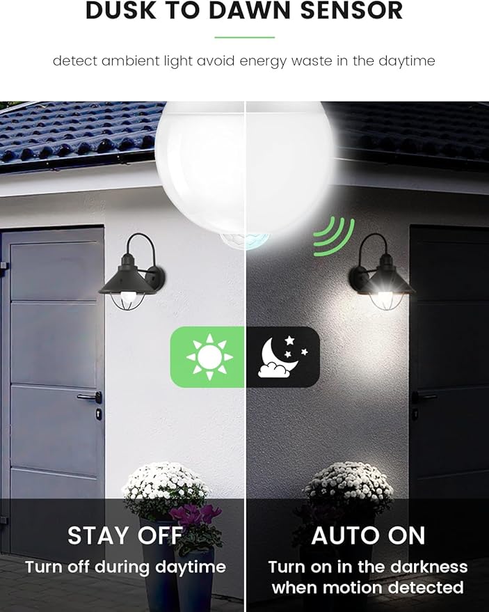 Motion Sensor LED Light Bulbs Outdoor, 13W(100W Equivalent) Dusk to Dawn Sensor Bulb PIR Infrared Motion Activated 5000K E26 A19 Auto On Security Bulb for Porch Stairs Hallway Garage Lighting 2 Pack