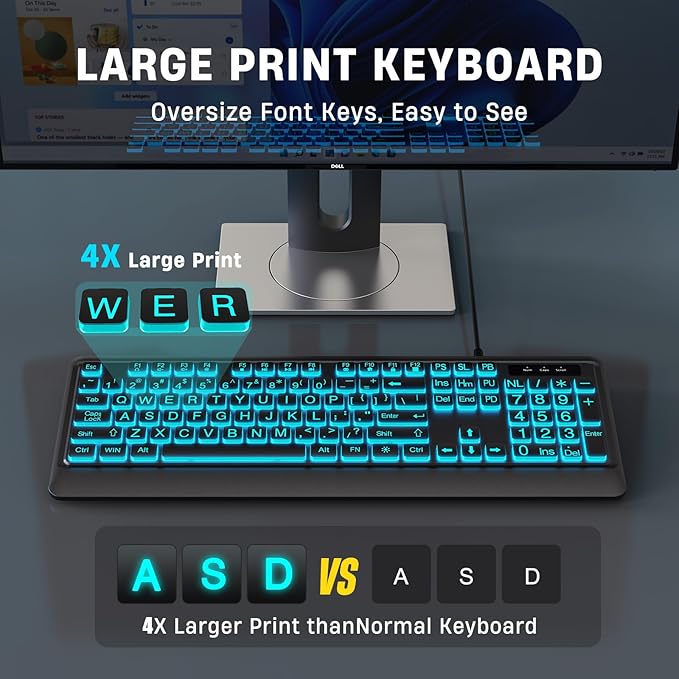 Luzarriba Large Print Backlit Computer Keyboards, 7 Colors Backlight USB Keyboard, Plug-and-Play, Foldable Stands, Corded Full Size Keyboard for Windows, PC, Laptop (Black, Large)
