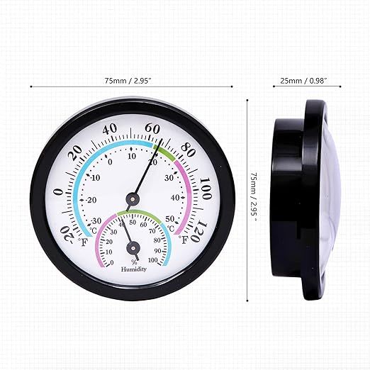 Mini Indoor Thermometer Hygrometer Analog 2 in 1 Temperature Humidity Monitor Gauge for Home, Room, Outdoor, Offices, Display Mechanical Diameter 75mm-2 Pack (No Battery Needed)-Black