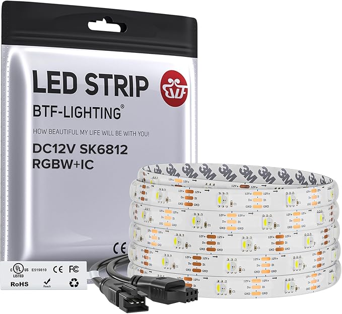 BTF-LIGHTING SK6812(Similar WS2812B) UL Listed RGBW RGB+Cool White(6000K) Individually Addressable DC12V 16.4FT 30LED/m 4 Colors in 1 Light Dream LED Strip IP65 White PCB(No Adapter or Controller)
