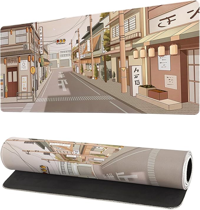 Tokyo Street Mouse Pad Anime Japanese Desk Mat Kawaii Large Gaming Mousepad XL Beige Cute Mousepad Gaming Non-Slip Rubber Base Stitched Edges Keyboard Mouse Mat Desk Pad for Office Home and Game