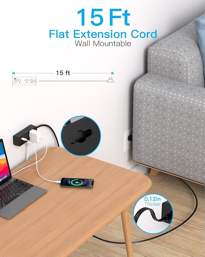 15Ft Extension Cord with Multiple Outlets, Flat Plug Power Strip Surge Protector with 15 Ft Long Cord, 6 Outlet 4 USB Ports (2 USB C), Multi Outlet Wall Plug for College, Dorm Room Essentials(Black)