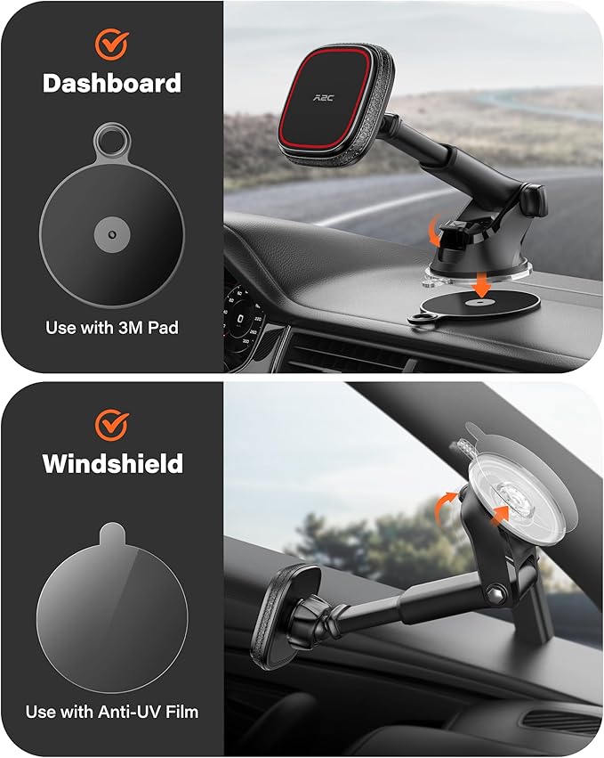 APPS2Car for MagSafe Car Mount, Dashboard & Windshield Suction Cup Holder with Telescopic Arm, Magnetic Phone Holder for Your Car, Designed for iPhone MagSafe Case (Black-Magsafe)