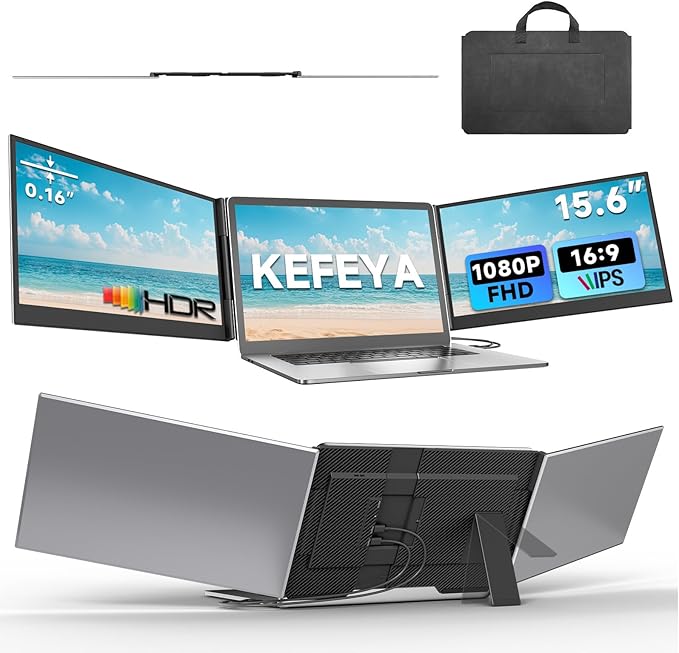 KEFEYA Laptop Screen Extender 15.6", 1080P FHD IPS Ultra-Slim Triple Portable Monitor for Laptop 12-17.3", Eyes Care HDR Travel Monitor, USB-C/HDMI Plug-Play Monitor Extender for macOS/Win and Phone