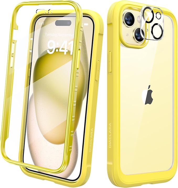 Diaclara Designed for iPhone 15 Plus Case 6.7'', Full-Body Clear Bumper Case with Built-in Screen Protector, 360 Protective Rugged Cover+Tempered Glass Camera Lens Protector,Yellow