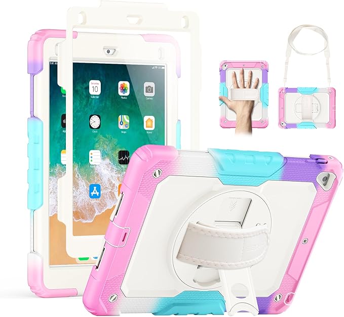 SEYMAC Case for iPad 6th/5th Generation 9.7 Inch, Full-Body Shockproof Heavy Duty Protective Case with Screen Protector, Rotating Stand/Hand/Shoulder Strap for iPad Air 2/ Pro 9.7, Colorful Pink