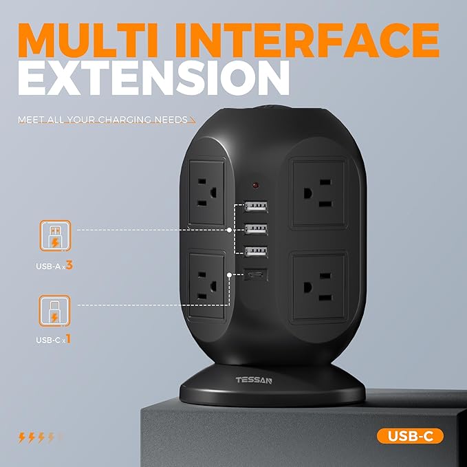 Tower Surge Protector Power Strip 10 ft, Long Flat Extension Cord with Multiple Outlets, 8 AC Outlets with 4 USB Ports (1 USB C), Charging Station with Surge Protection, for Home Office Dorm, Black