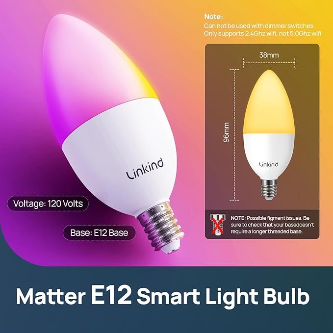 Linkind Matter Smart Bulbs, E12 Led Bulb Works with Alexa/Apple Home/Google Home, Smart Light Bulbs, WiFi Candelabra B11 Bulbs, RGBTW Color Changing Light Bulb, 2.4Ghz WiFi Bulb, 470 LM 2 Pack