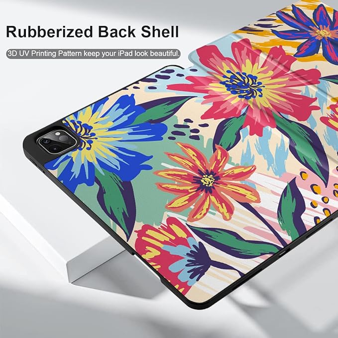 MEEgoodo for iPad Pro M2 12.9 Case 6th/5th/4th/3rd Generation 2022 2021 2020 2018 with Pencil Holder, Tablet Cover with Soft TPU Back Shell, Art Painted Flowers