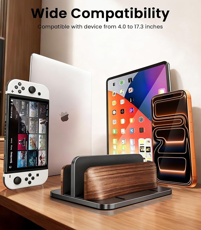 LOXP Vertical Laptop Stand, [Dual Slot Wooden + Aluminum Laptop Holder], Desktop Adjustable MacBook Stand, Adjustable Base, for MacBook Pro/Air, (up to 17.3-inch All laptops)