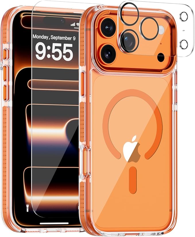 Full Body Protection Kit for iPhone 17 Pro Case, MagSafe Compatible Clear Cover, Orange Non-Slip Grip Bumper, N52 Magnetic Backing, Includes Tempered Glass Screen Protector and Lens Film