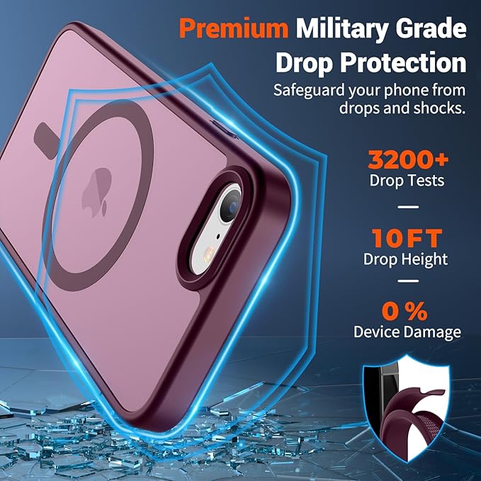 SUPFINE Magnetic for iPhone SE Case 2022 (3rd)/2020 (2nd), iPhone 8 Case (Compatible with MagSafe) (Military Grade Drop Protection) Translucent Matte Phone Case, Wine Red
