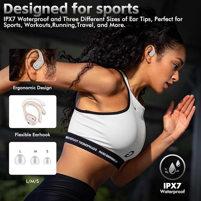 HAOYUYAN Wireless Earbuds, Sports Bluetooth Headphones, 80Hrs Playtime Ear Buds with LED Power Display, Noise Canceling Headset, IPX7 Waterproof Earphones for Workout/Running（Oatmeal White）